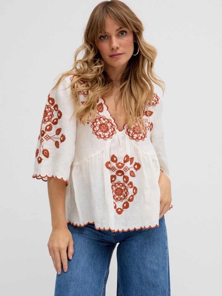 Raffya White Aubrey Embroidered V-Neck Blouse - Image 1 of 5