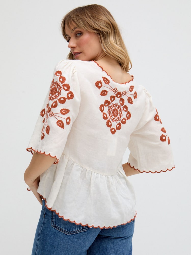 Raffya White Aubrey Embroidered V-Neck Blouse - Image 2 of 5