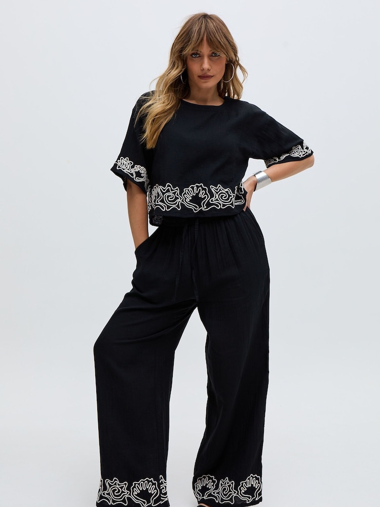 Raffya Black Milly 100% Cotton Embroderied Hem Top - Image 1 of 2