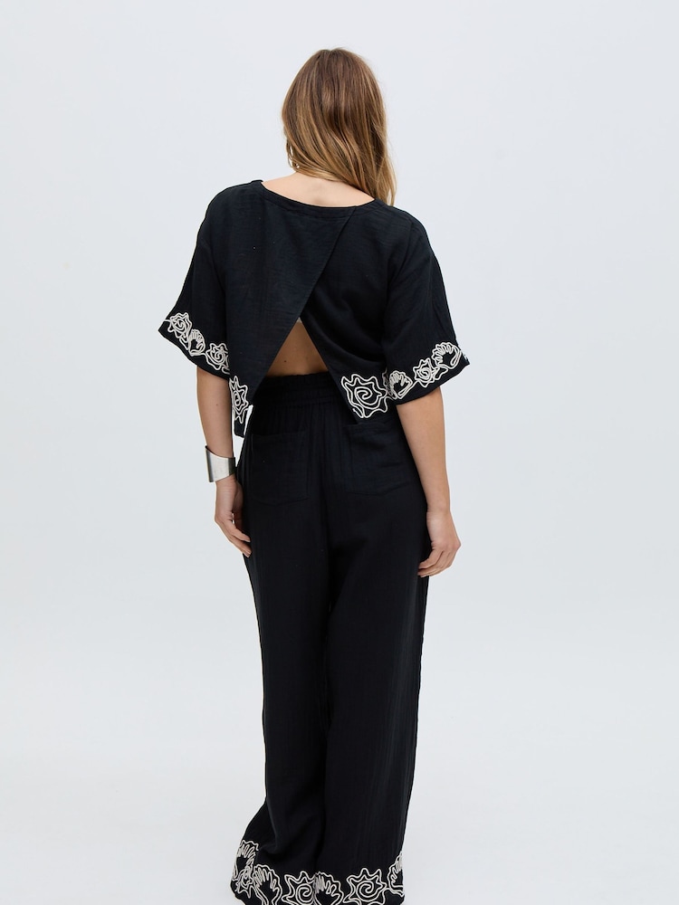 Raffya Black Milly 100% Cotton Embroderied Hem Top - Image 2 of 2