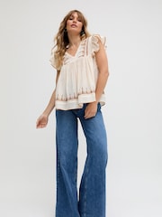 Raffya Cream 100% Cotton Mariana Flutter Sleeve Embroidered Blouse - Image 1 of 7
