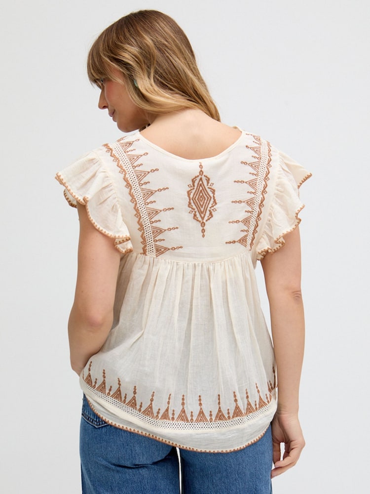 Raffya Cream 100% Cotton Mariana Flutter Sleeve Embroidered Blouse - Image 2 of 7