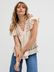 Raffya Cream 100% Cotton Mariana Flutter Sleeve Embroidered Blouse - Image 3 of 7