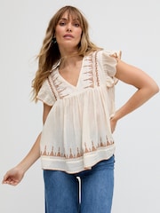 Raffya Cream 100% Cotton Mariana Flutter Sleeve Embroidered Blouse - Image 4 of 7