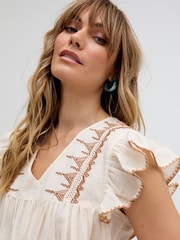 Raffya Cream 100% Cotton Mariana Flutter Sleeve Embroidered Blouse - Image 5 of 7