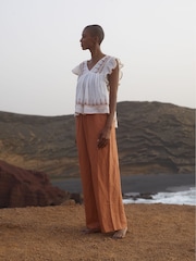 Raffya Cream 100% Cotton Mariana Flutter Sleeve Embroidered Blouse - Image 7 of 7