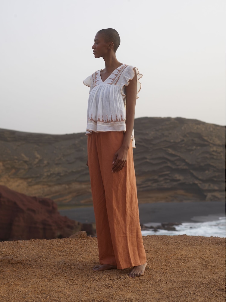 Raffya Cream 100% Cotton Mariana Flutter Sleeve Embroidered Blouse - Image 7 of 7