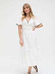 Raffya Cream Delilah 100% Cotton Dress with Brown Stitching - Image 1 of 5
