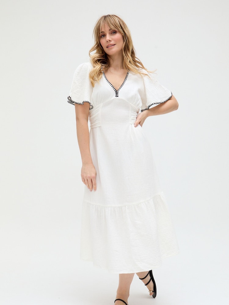 Raffya Cream Delilah 100% Cotton Dress with Brown Stitching - Image 1 of 5