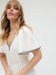 Raffya Cream Delilah 100% Cotton Dress with Brown Stitching - Image 2 of 5