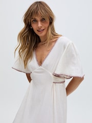 Raffya Cream Delilah 100% Cotton Dress with Brown Stitching - Image 3 of 5