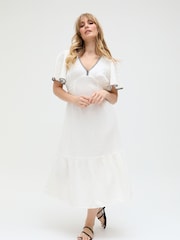 Raffya Cream Delilah 100% Cotton Dress with Brown Stitching - Image 4 of 5