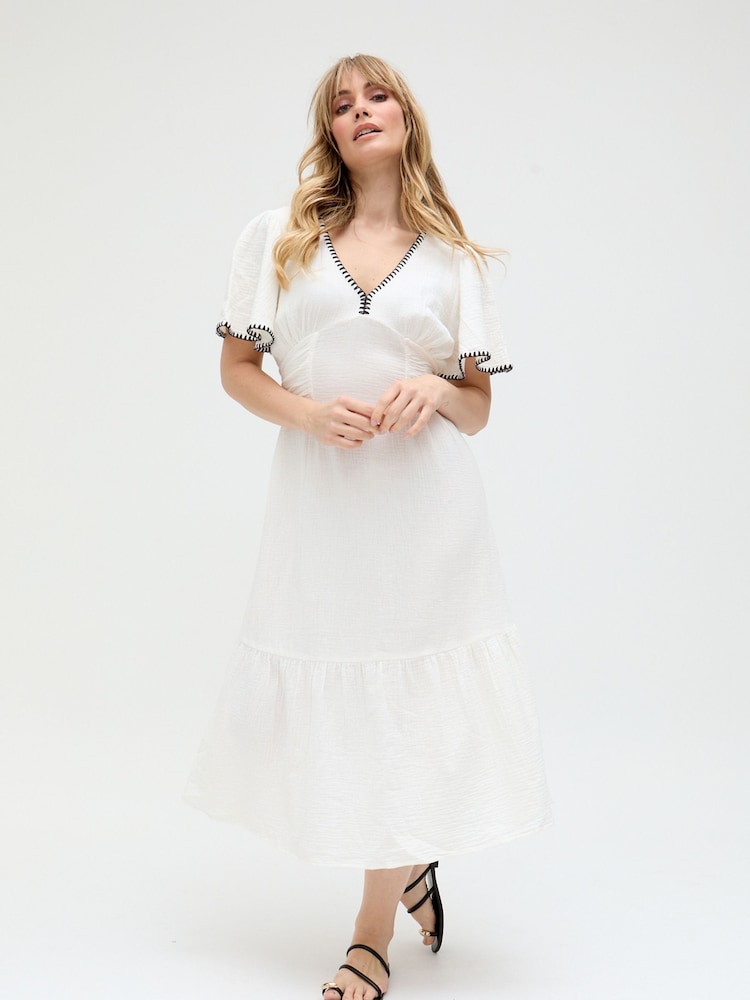 Raffya Cream Delilah 100% Cotton Dress with Black Stitching - Image 4 of 5