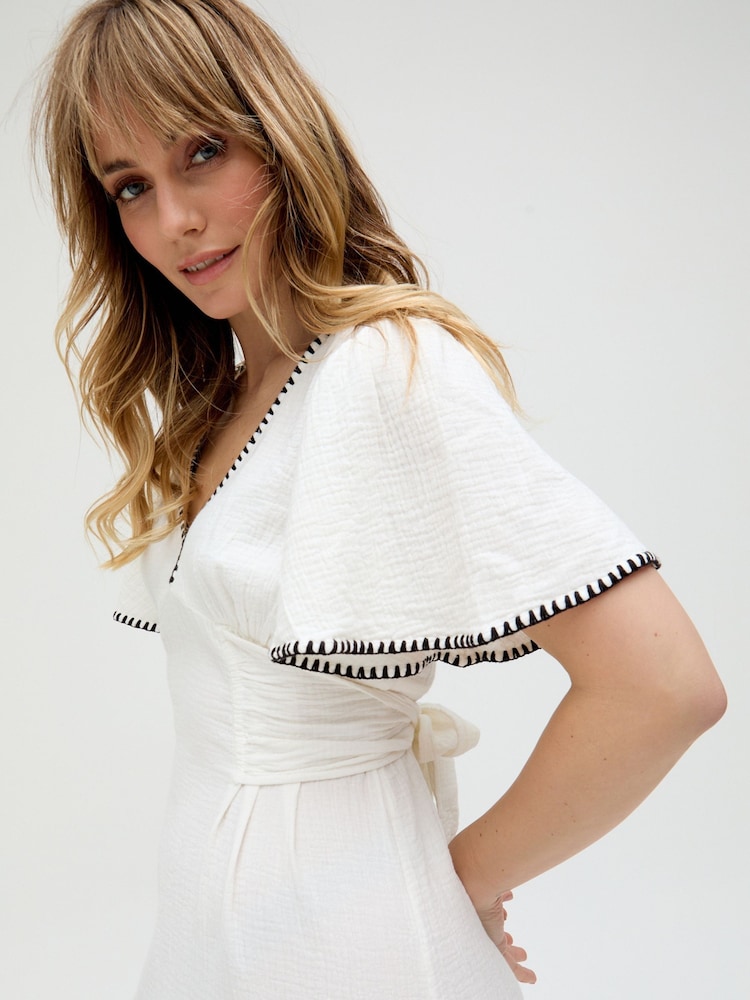 Raffya Cream Delilah 100% Cotton Dress with Brown Stitching - Image 5 of 5