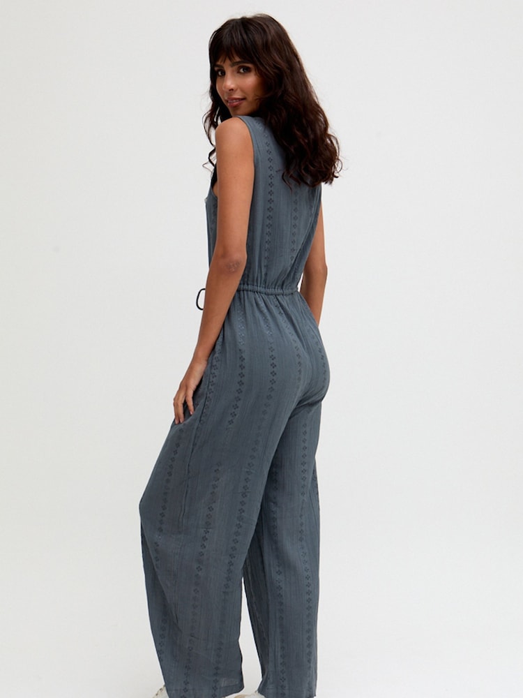 Raffya Grey Ana Sleeveless Embroidered 100% Cotton Jumpsuit - Image 2 of 7 Raffya Grey Ana Sleeveless Embroidered 100% Cotton Jumpsuit - Image 2 of 7