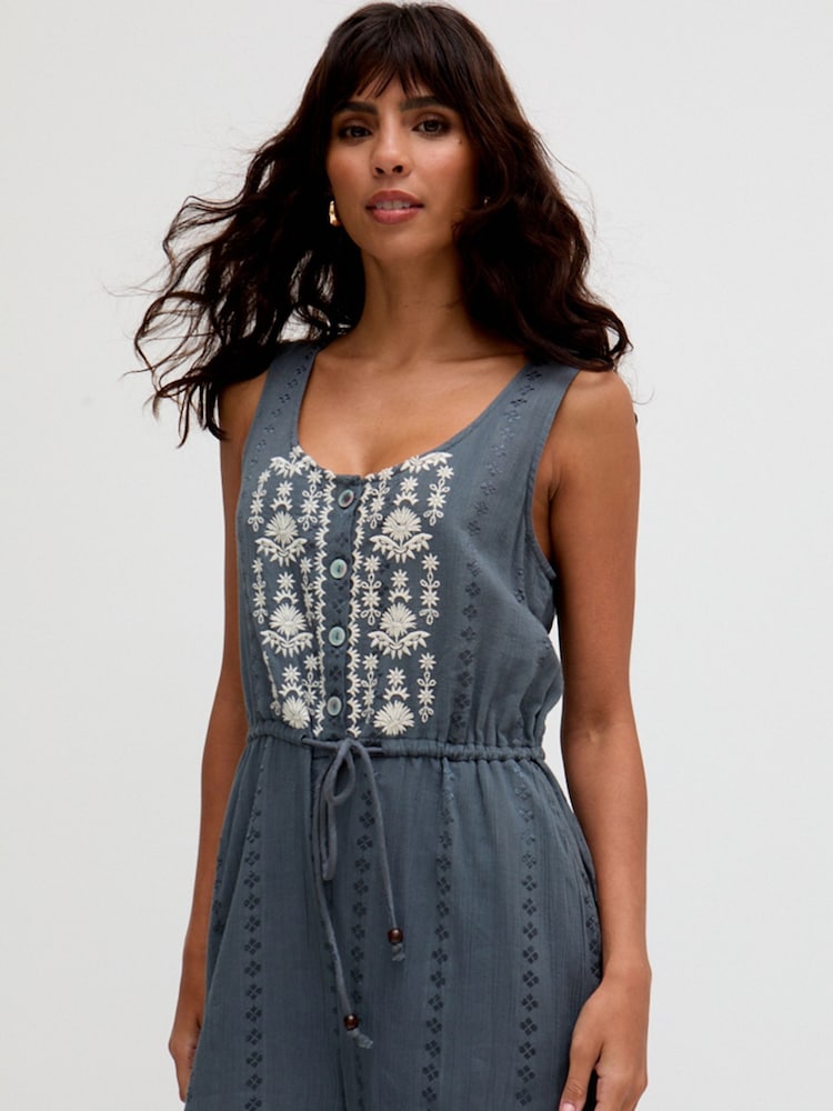 Raffya Grey Ana Sleeveless Embroidered 100% Cotton Jumpsuit - Image 3 of 7