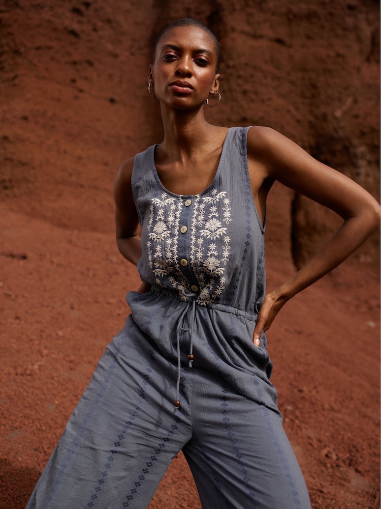 Raffya Grey Ana Sleeveless Embroidered 100% Cotton Jumpsuit - Image 7 of 7 Raffya Grey Ana Sleeveless Embroidered 100% Cotton Jumpsuit - Image 7 of 7
