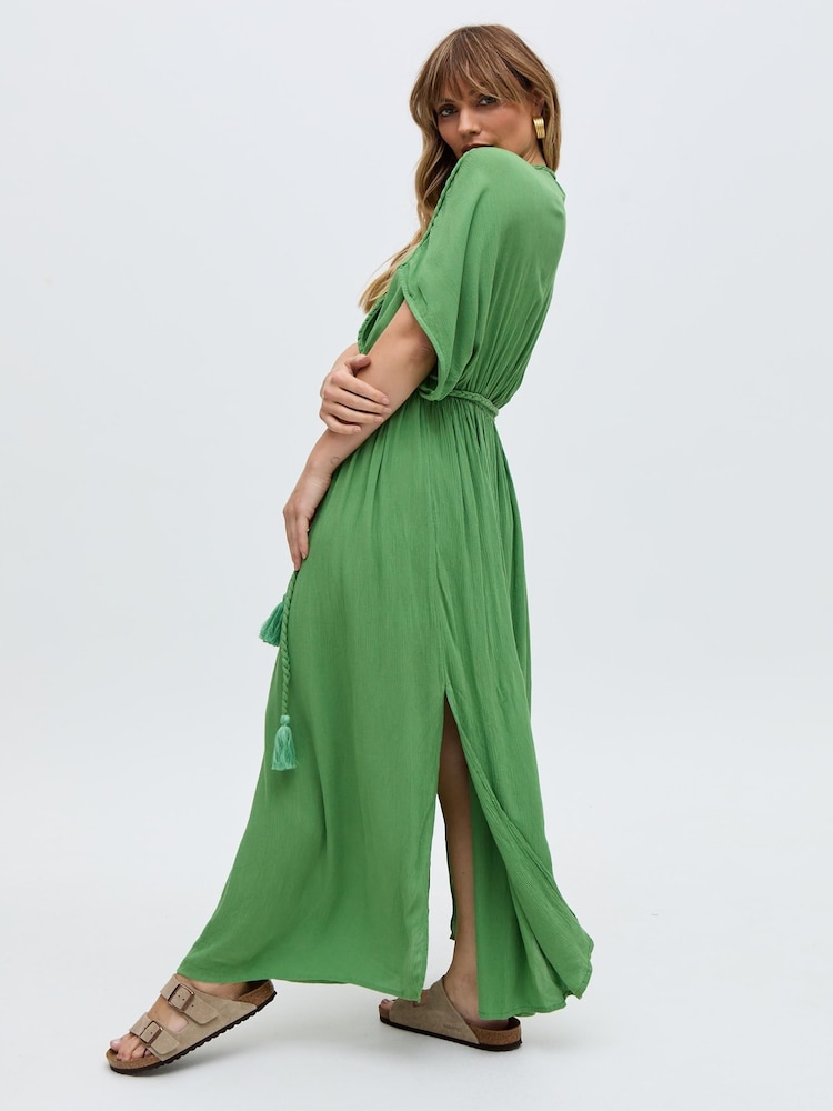 Raffya Green Diamond Window Payne Crinkle Maxi 100% Cotton Dress - Image 3 of 5