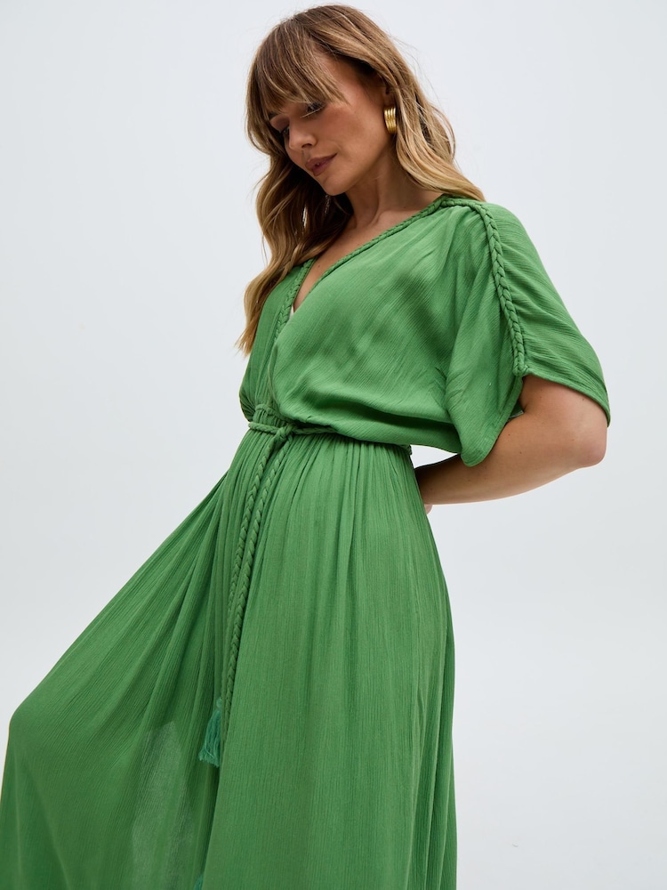 Raffya Green Diamond Window Payne Crinkle Maxi 100% Cotton Dress - Image 4 of 5