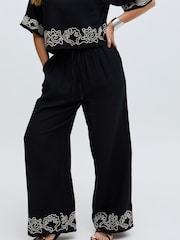 Raffya Black Embroderied Cuff 100% Cotton Co-Ord Trousers - Image 1 of 5