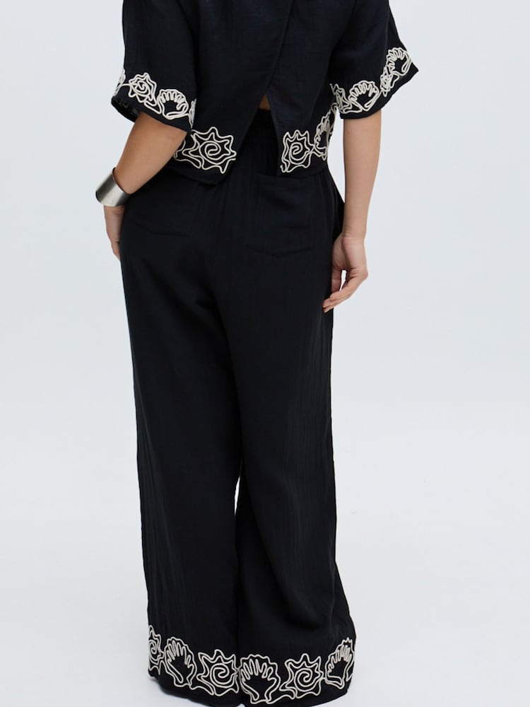 Raffya Black Embroderied Cuff 100% Cotton Co-Ord Trousers - Image 2 of 5