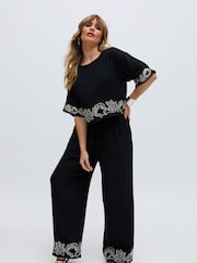 Raffya Black Embroderied Cuff 100% Cotton Co-Ord Trousers - Image 3 of 5