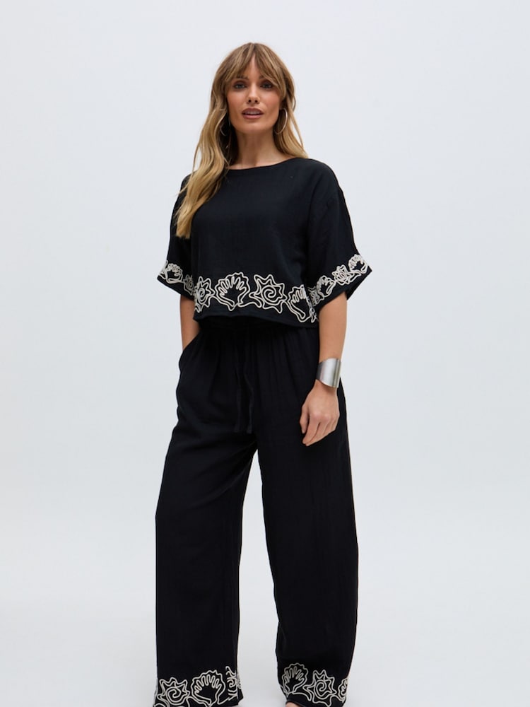 Raffya Black Embroderied Cuff 100% Cotton Co-Ord Trousers - Image 5 of 5