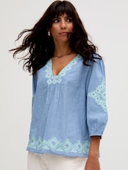 Raffya Blue Chrome Alice V-Neck Embroidered Blouse - Image 2 of 4