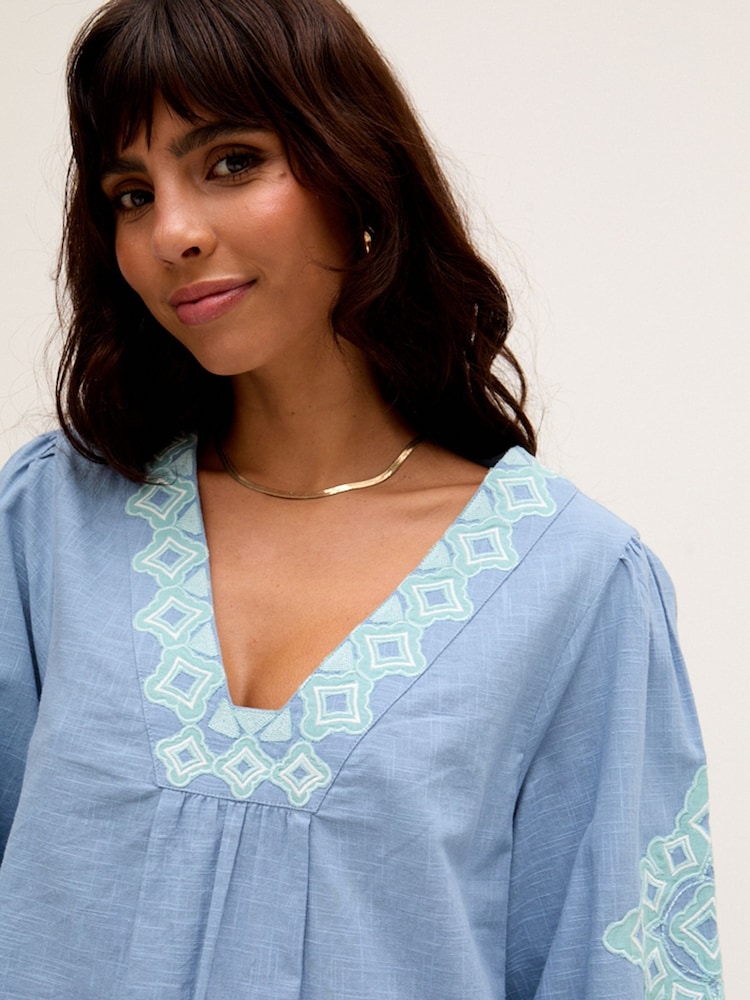 Raffya Blue Chrome Alice V-Neck Embroidered Blouse - Image 3 of 4
