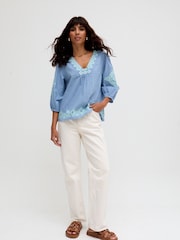 Raffya Blue Chrome Alice V-Neck Embroidered Blouse - Image 4 of 4
