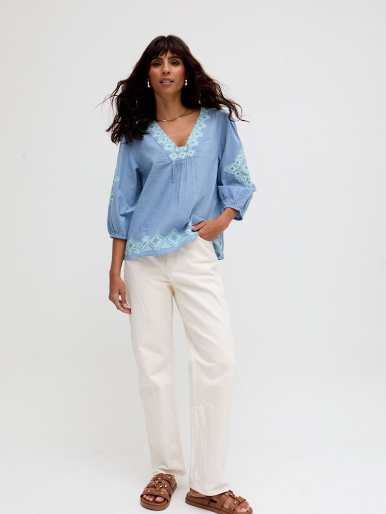 Raffya Blue Chrome Alice V-Neck Embroidered Blouse - Image 4 of 4
