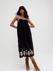 Raffya Black Theodora Embroidered Midi 100% Cotton Dress - Image 1 of 1