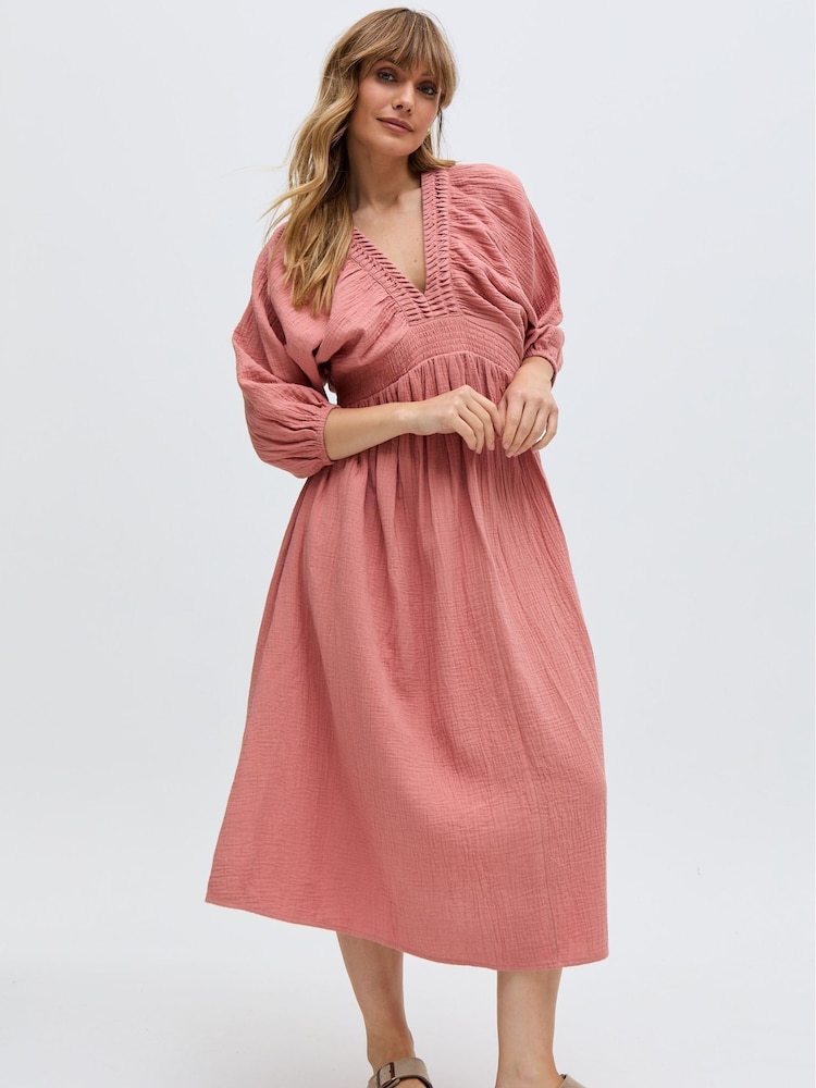 Raffya Pink Soipoi Midi 100% Cotton Dress - Image 1 of 6
