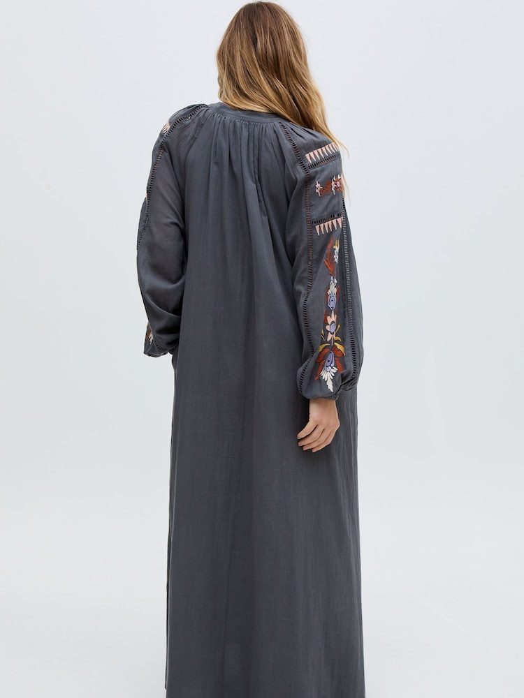Raffya Grey Grey Edge To Edge Embroidered 100% Cotton Kimono - Image 2 of 5 Raffya Grey Grey Edge To Edge Embroidered 100% Cotton Kimono - Image 2 of 5