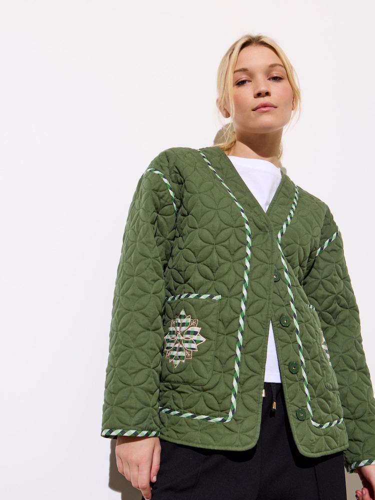 Oliver Bonas Green 100% Cotton Patchwork Quilted Jacket - Image 1 of 8