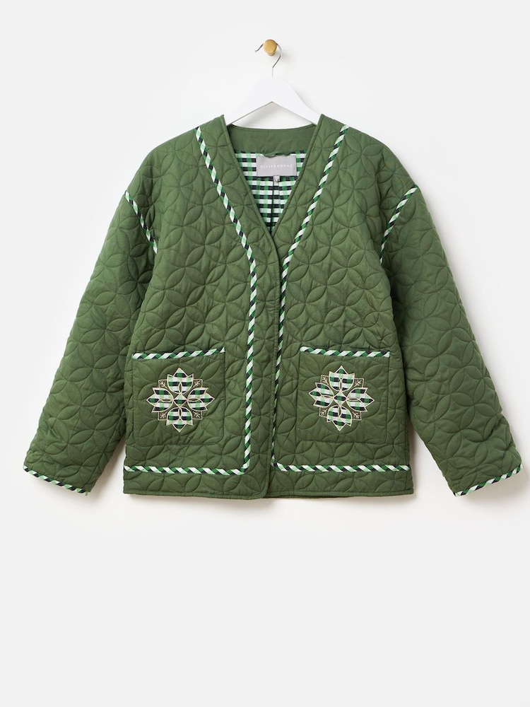 Oliver Bonas Green 100% Cotton Patchwork Quilted Jacket - Image 4 of 8
