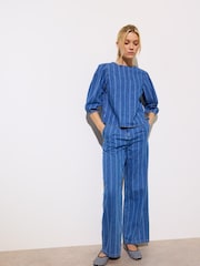 Oliver Bonas Blue 100% Cotton Denim Striped Wide Leg Jeans - Image 1 of 8