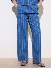 Oliver Bonas Blue 100% Cotton Denim Striped Wide Leg Jeans - Image 2 of 8