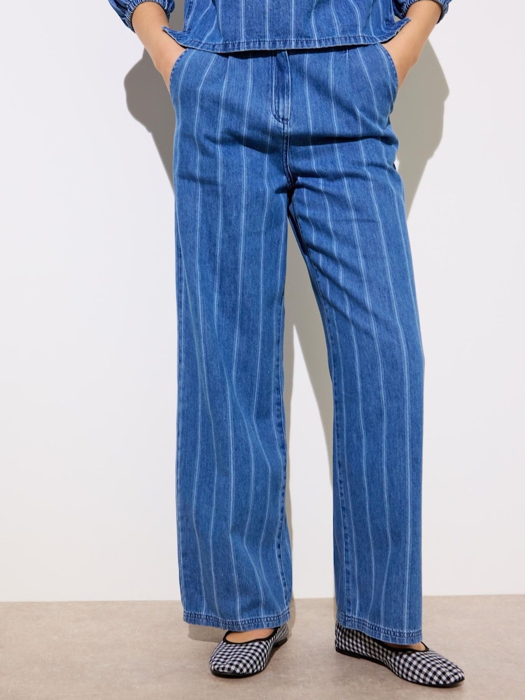 Oliver Bonas Blue 100% Cotton Denim Striped Wide Leg Jeans - Image 2 of 8 Oliver Bonas Blue 100% Cotton Denim Striped Wide Leg Jeans - Image 2 of 8