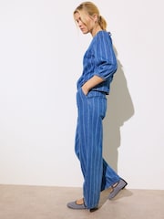 Oliver Bonas Blue 100% Cotton Denim Striped Wide Leg Jeans - Image 3 of 8