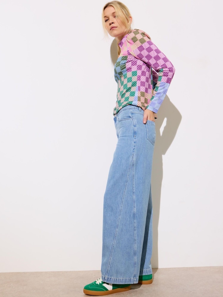 Oliver Bonas Blue 100% Cotton Diagonal Seam Wide Leg Jeans - Image 2 of 8