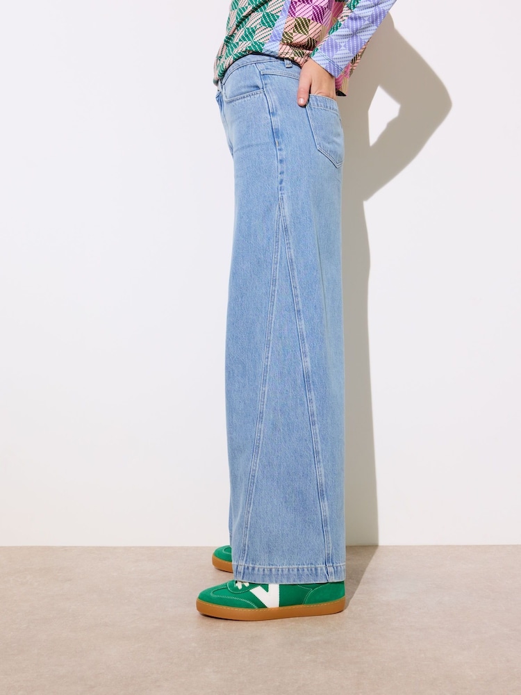 Oliver Bonas Blue 100% Cotton Diagonal Seam Wide Leg Jeans - Image 3 of 8
