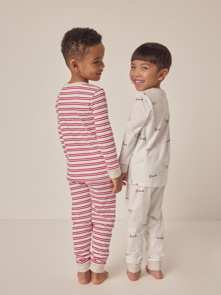The White Company Slim Fit 100% Cotton Plane And Stripe White Pyjamas Set Of 2 - صورة 2 من 6