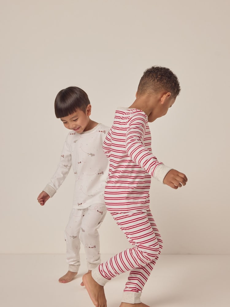 The White Company Slim Fit 100% Cotton Plane And Stripe White Pyjamas Set Of 2 - Image 3 of 6