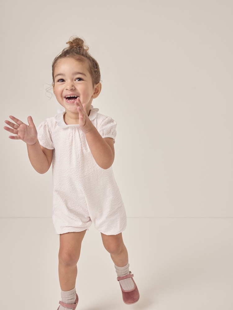 The White Company Baby Pink 100% Cotton Stripe Seersucker Petal Collar Shorts - Image 1 of 6