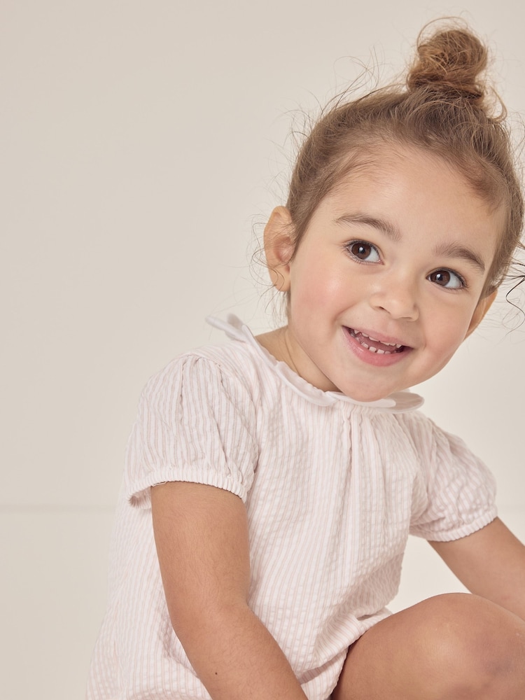 The White Company Baby Pink 100% Cotton Stripe Seersucker Petal Collar Shorts - Image 2 of 6