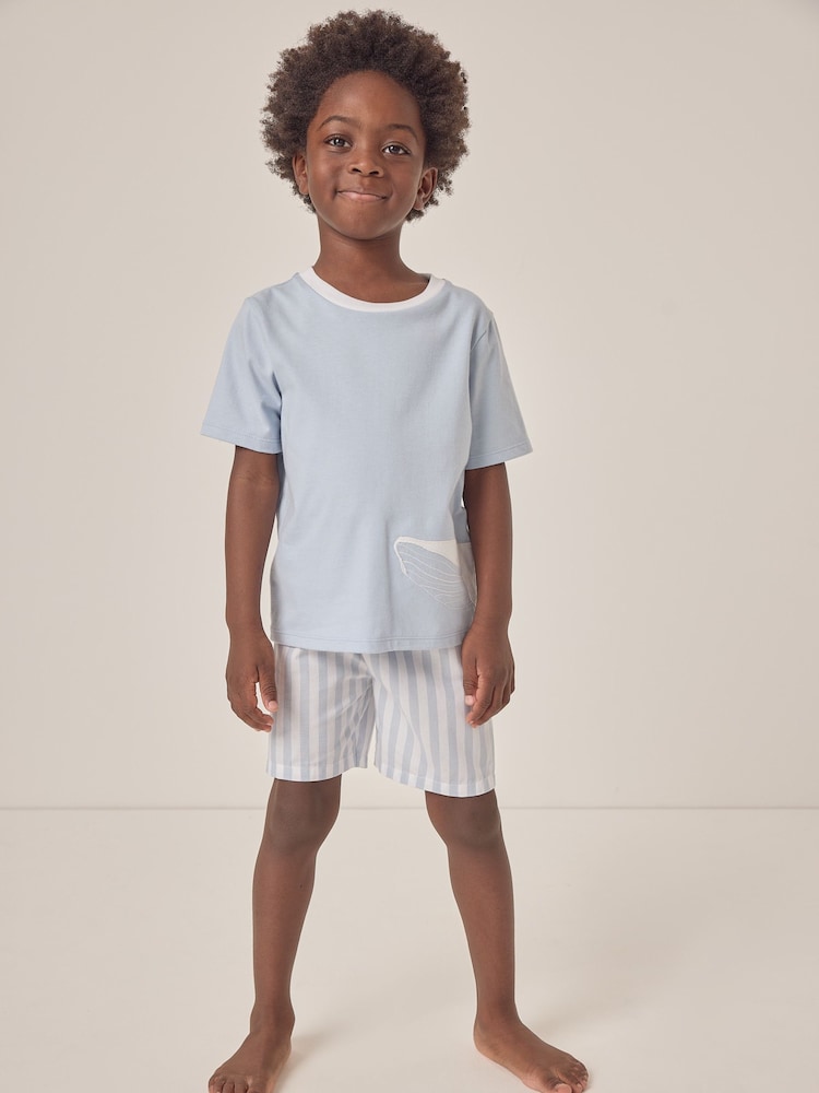 The White Company Blue Relaxed Fit 100% Cotton Whale Embroidered Shortie Pyjamas - Image 1 of 6