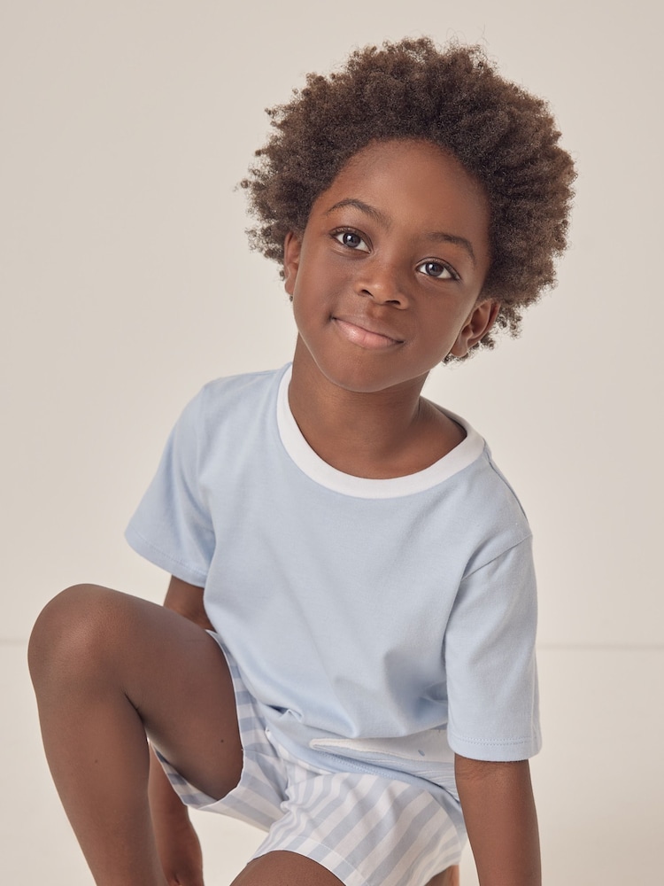 The White Company Blue Relaxed Fit 100% Cotton Whale Embroidered Shortie Pyjamas - Image 3 of 6