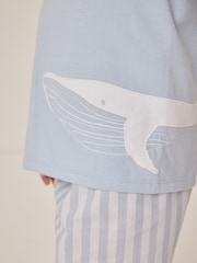 The White Company Blue Relaxed Fit 100% Cotton Whale Embroidered Shortie Pyjamas - Image 4 of 6