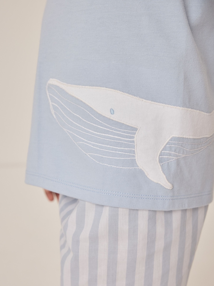 The White Company Blue Relaxed Fit 100% Cotton Whale Embroidered Shortie Pyjamas - Image 4 of 6